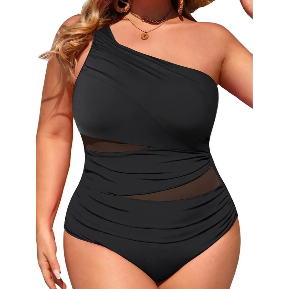 Aqua Eve One-Piece Swimsuit One Shoulder Black Mesh Cut Outs 16W
